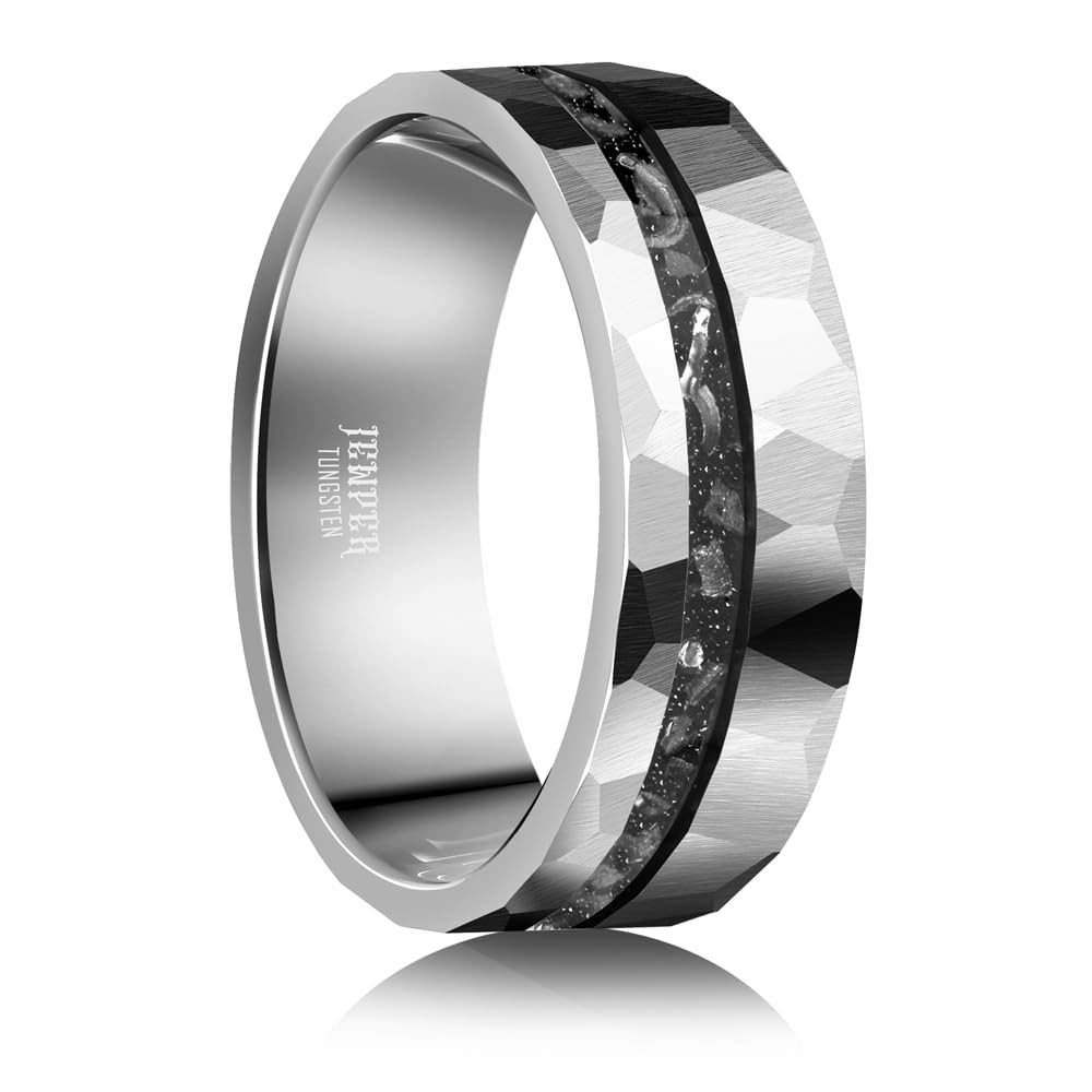 JEWPER 8mm Men Womens Wedding Band Tungsten Rings silver Hammer pattern Fashion Promise Carbide Inlaid Iron Filings Matte Finish Edge Comfort Fit size(9)