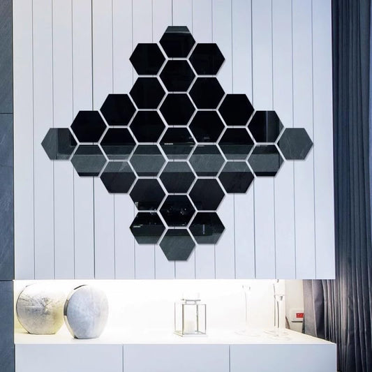 10PCS 3D Acrylic Mirror Wall Stickers Self-Adhesive Waterproof Mirror Decal Bedroom Living Room Hexagon Background Decoration,Black XS