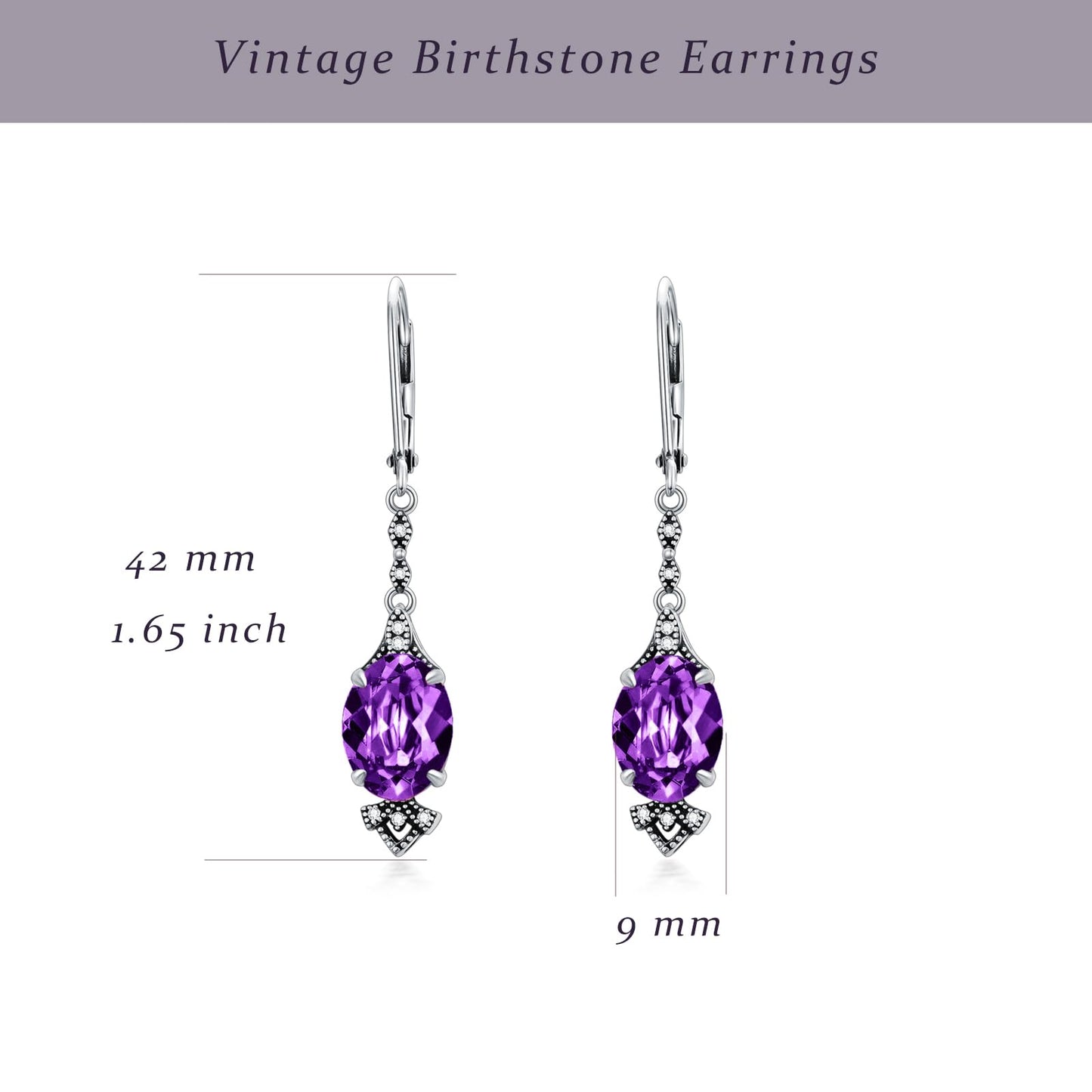 Vintage Amethyst Purple Earrings 925 Sterling Silver Retro Antique Looking Leverback Dangle Drop Earrings with Oval February Birthstone, Anniversary Jewelry Gifts for Women