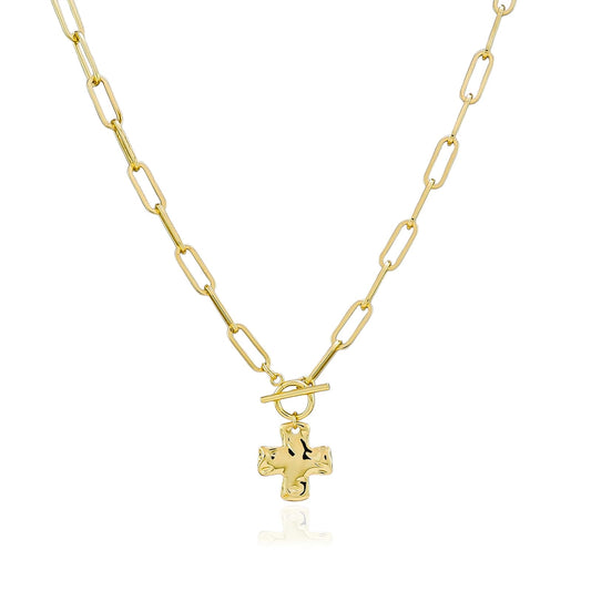 Bheop Chunky Cross Necklace for Women Trendy 14K Real Gold Plated Statement Cross Pendant Charm Necklace Toggle Clasp Long Big Paperclip Faith Chain Costume Jewelry Gift Non Tarnish 2CM