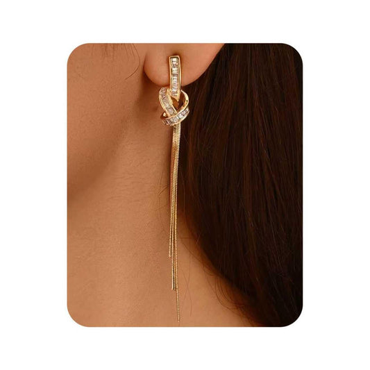 18K Gold/Silver Plated Dangle Earrings for Women Sparkly Rhinestone Long Tassel Dangle Earrings Dainty Long Hanging Chain Earrings Wedding Party Prom Earrings (Gold)