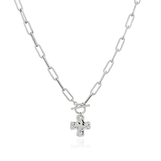 Bheop Chunky Cross Necklace for Women Trendy Silver Plated Statement Cross Pendant Charm Necklace Toggle Clasp Long Big Paperclip Faith Chain Costume Jewelry Gift Non Tarnish 2CM