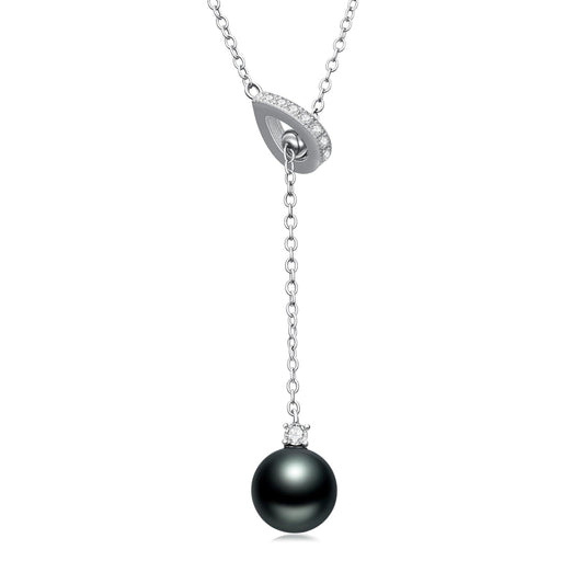 Black Pearl Necklace for Women 9-10mm Tahitian Single Pearl Y-Shaped 18k White Gold Plated Silver 18+2 Inches Adjustable