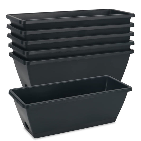 HOXHA Window Box Planter, 6 Pack 17inch Plastic Vegetable Flower Planter Boxes with Tray, Indoor Outdoor Flower Pots for Windowsill, Patio, Porch, Garden Balcony, Dark Gray