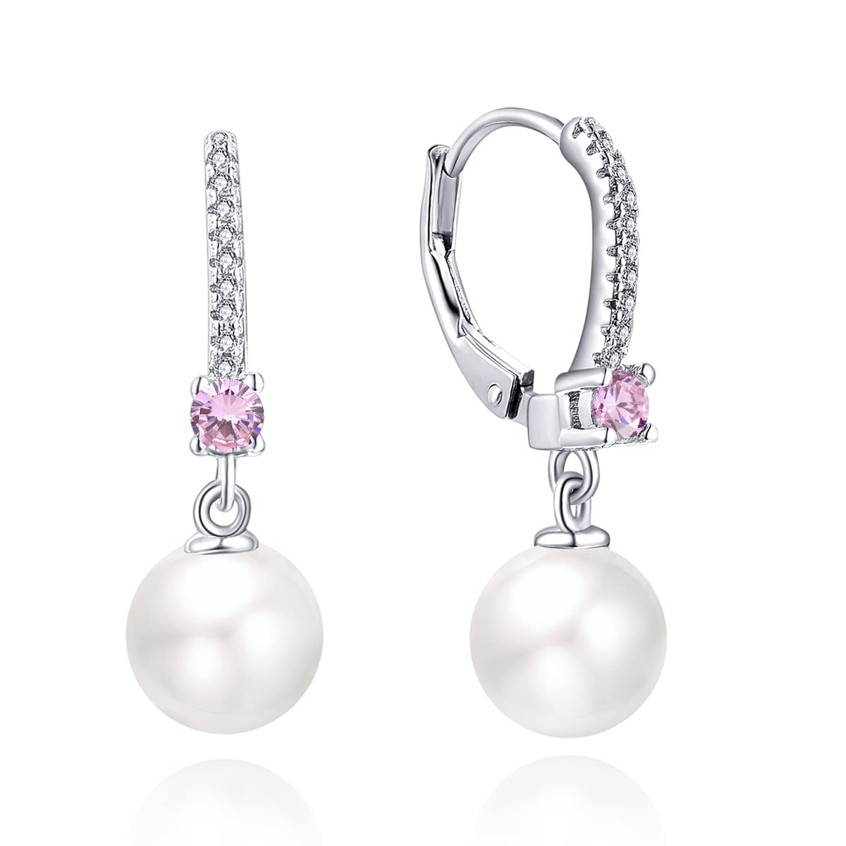JO WISDOM Pearl Earrings,925 Sterling Silver 8mm Pearl Leverback Drop Earrings with 3A CZ October Birthstone Tourmaline Color,Jewelry for Women