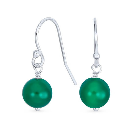 Bling Jewelry Timeless .925 Sterling Silver Green Agate Bead 8mm Ball Drop Earrings Fish Hook Genuine Gemstone May Birthstone