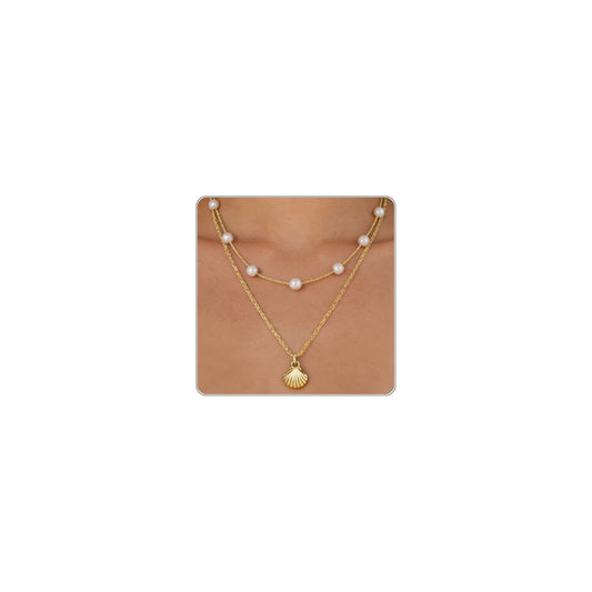 Beach Layered Shell Necklace for Women, 14K Gold Plated Starfish Conch Seashell & Pearl Charm Pendant, Dainty Coastal Summer Vacation Jewelry (Seashell Necklace)