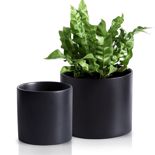 Nihow Flower Pot - 5 & 7 Inch Ceramic Planter Pots for Indoor Plants - Herbs/Snake/Succulent/Orchid Cylinder Plant Pot - Matte Black (Set of 2) - Plants not Included
