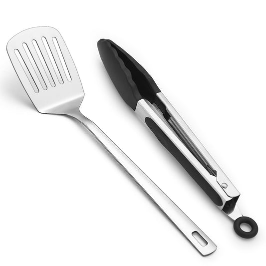 Spatulas And Kitchen Tong Set Of 2, Kyraton Spatula And Cooking Tongs, Stainless Steel Kitchen Utensils Set For Home, Restaurant, Camping, BBQ