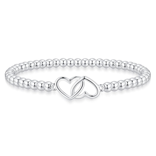 Beaded Bracelets for Women 14K Silver Gold Plated Stretch Handmade Ball Bracelets Cute Charm Bracelet Dainty Stackable Cross Heart Bow Wave CZ Circle Trendy Jewelry Easter Gifts (double-heart-silver)