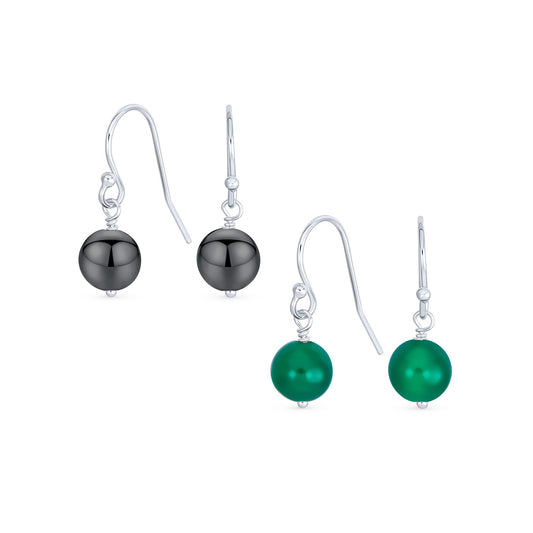 Bling Jewelry .925 Sterling Silver Hematite & Green Agate Bead 8mm Dangle Ball Drop Earrings For Women French Fish Hook Wire (Set of 3) Genuine Gemstone