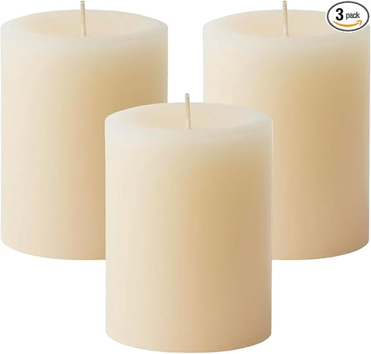 Mister Candle Dripless Vanilla Scented Ivory Pillar Candles Set of 3, Hand Made Vanilla Pillar Candles with Essential Oils for Home Decor, Premium Wax, 60 Hr Burn Time (3x4 inch)