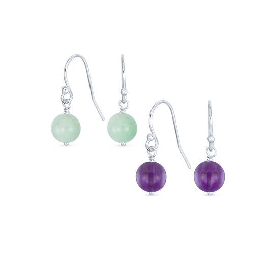 Bling Jewelry Timeless .925 Sterling Silver Blue Green Amazonite & Light Purple Amethyst Bead 8mm Ball Drop Earrings Fish Hook Genuine Gemstone (Set of 2)