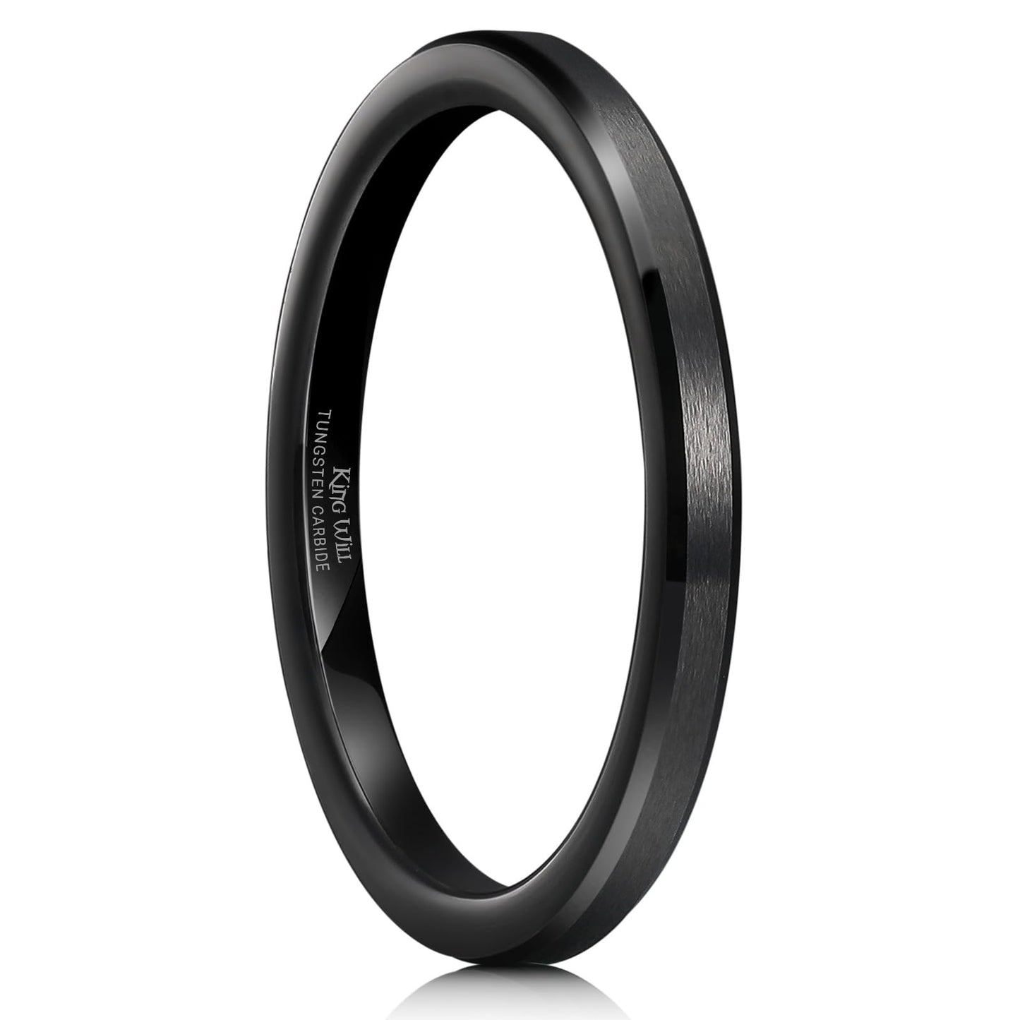 King Will 2mm Black Tungsten Men's Wedding Band - Brushed Matte Finish, Beveled Polished Edge, Comfort Fit Size 8