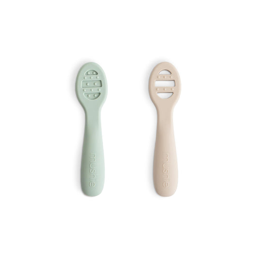 mushie Silicone First Feeding Baby Spoons | 2 Pack (Cambridge Blue/Shifting Sand)