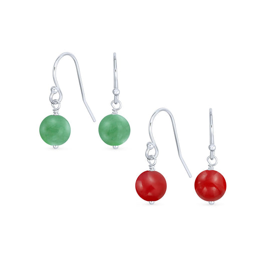 Bling Jewelry .925 Sterling Silver Green Aventurine & Red Carnelian Bead 8mm Dangle Ball Drop Earrings For Women French Fish Hook Wire (Set of 2) Genuine Gemstone