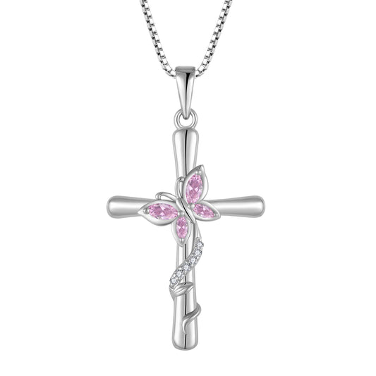 Blaniy Cross Necklace for Women 925 Sterling Silver Butterfly Necklace Pink Tourmaline Pendant Necklaces October Birthstone Jewelry Gifts for Women