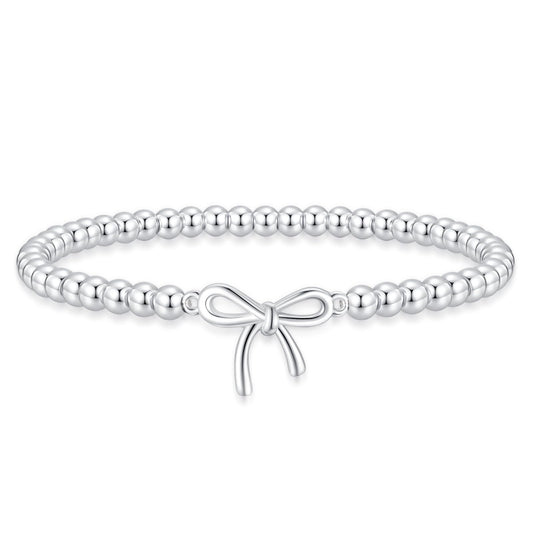 Beaded Bracelets for Women 14K Silver Gold Plated Stretch Handmade Ball Bracelets Cute Charm Bracelet Dainty Stackable Cross Heart Bow Wave CZ Circle Trendy Jewelry Easter Gifts (bow-silver)