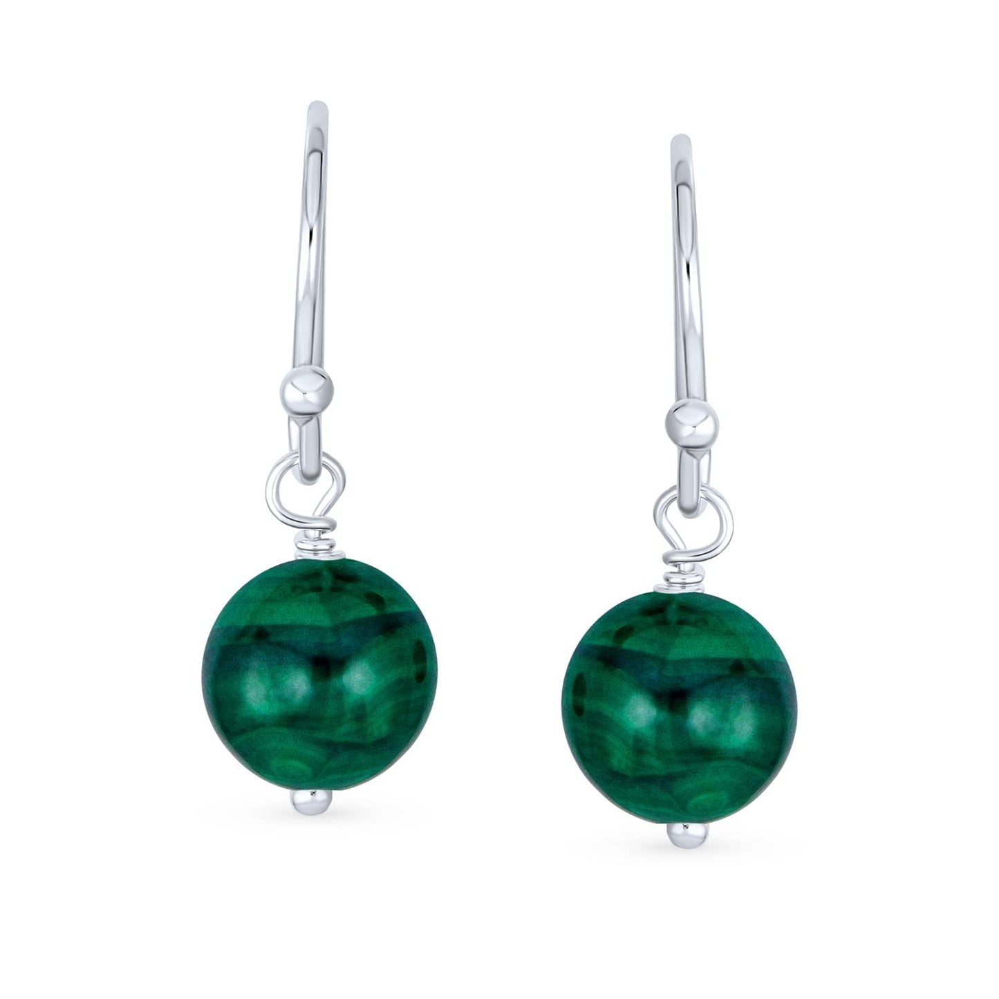 Bling Jewelry Timeless .925 Sterling Silver Green Malachite Bead 8mm Ball Drop Earrings Fish Hook Genuine Gemstone