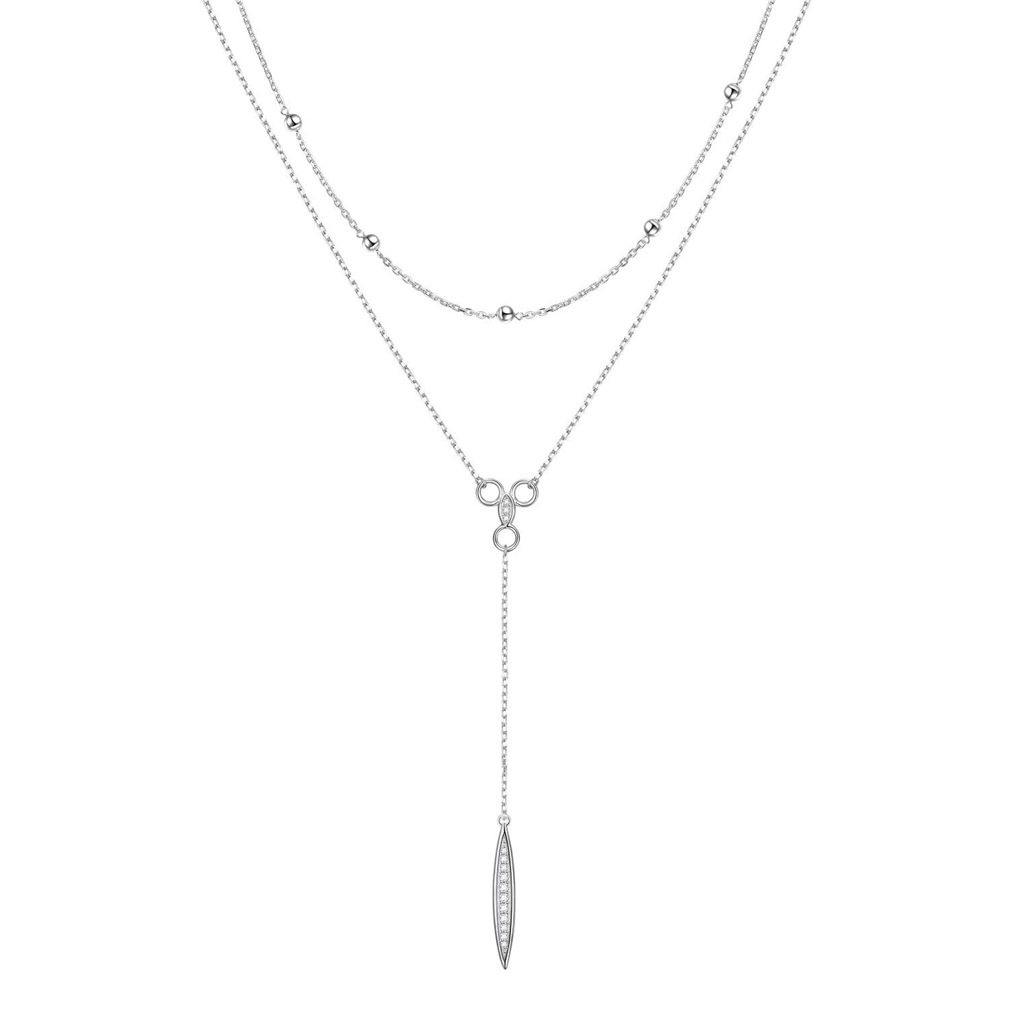 FLYOW Multi Layered Bar Necklace S925 Sterling Silver Beads Choker Marquise Cubic Zirconia Y Lariat Necklaces Long Chain Jewelry Gifts for Women Mothers Day Gifts