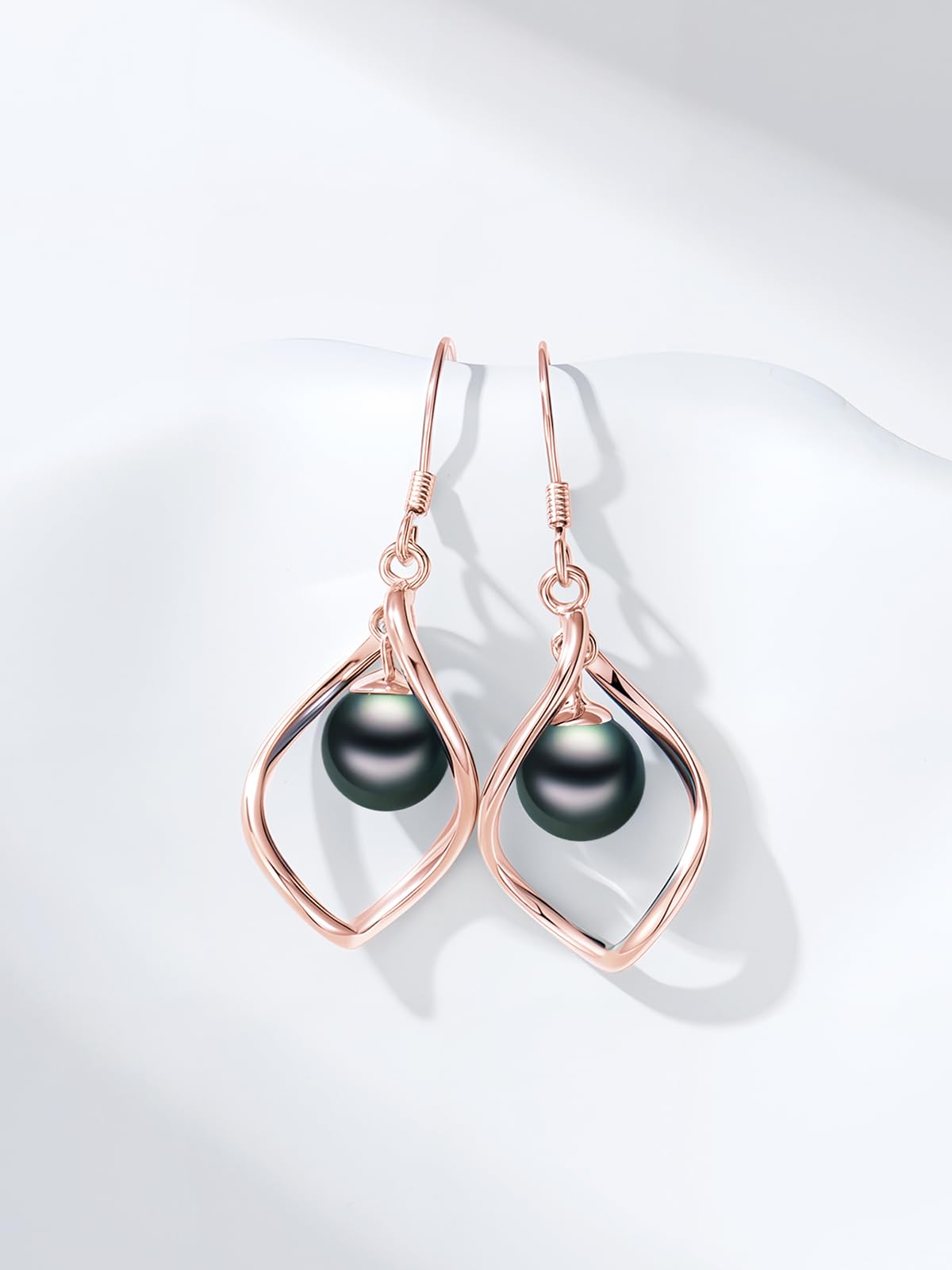 KANNSOAR Tahitian Black Pearl 6MM AAAA 18K White Gold Plated Sterling Silver Dangle Drop Earrings for Women Wife Mom Girlfriend Valentine Jewelry Gift for Anniversary Her Birthday(Rose Gold)