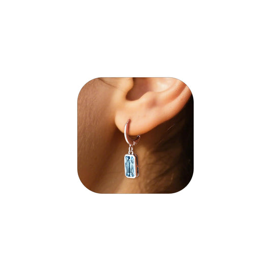 Bestyle Silver March Birthstone Hoop Dangle Earrings - Created Rectangle Aquamarine Crystal Drop Blue Earrings - Trendy Cute Women's Small Hoop CZ Dangle Earrings for Party Gowns