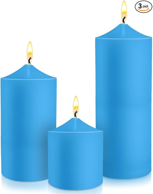 Pillar Candles 3 x 4, 6, and 8 inches, Large Handmade Candles Set of 3, Blue Decorative Candles for Wedding, Home Decoration, Dinner, Church