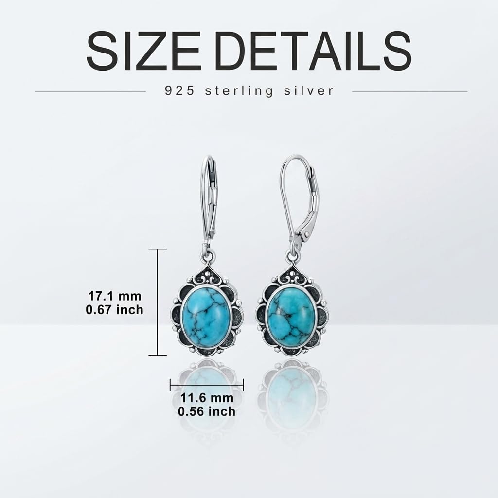 Turquoise Drop Earrings for Women 925 Sterling Silver Vintage Oval 9x7mm Filigree Leverback Dangle Earrings, Gothic Victorian Antique Jewelry Gifts