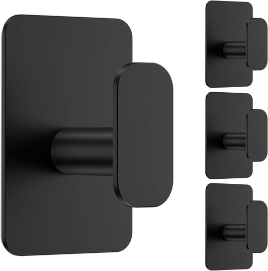 Skiennix Heavy Duty Self-Adhesive Hooks - 26lb Capacity, Waterproof & Rustproof Stainless Steel | Black, 4 Pack for Towel, Coat, Robe