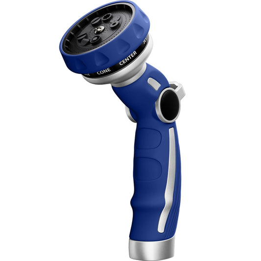 RESTMO Hose Nozzle Heavy Duty, Metal Water Hose Sprayer for Garden, 9 Spray Patterns | High Pressure | Thumb Flow Control | On/Off Valve, Ideal for Lawn & Plant Watering, Car & Pet Washing, Blue