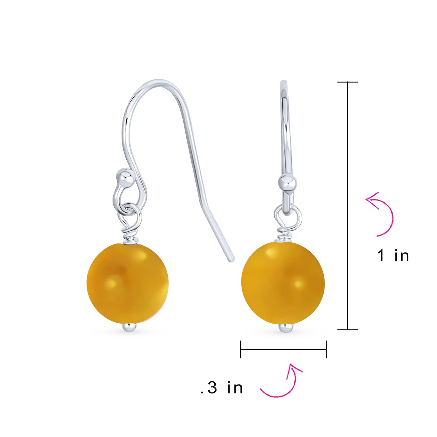 Bling Jewelry .925 Sterling Silver Yellow Agate Brown Tiger Eye Bead 8mm Dangle Ball Drop Earrings For Women French Fish Hook Wire (Set of 2)