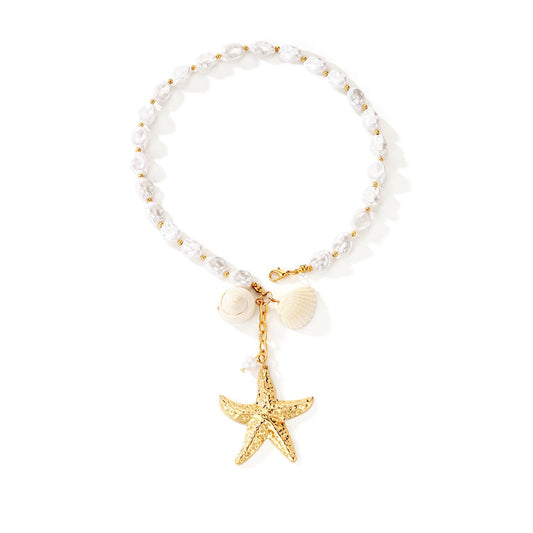 Boho Starfish Seashell Layered Necklace Gold Silver Plated Dainty Charm Double Layer Sea Shell Lucky Stars Ocean Animal Chain Necklace for Women Hawaiian Summer Beach Vacation Jewelry Gifts (Big starfish choker)