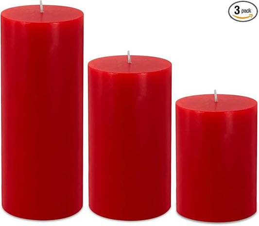 Red Pillar Candles Set of 3 - Dripless Unscented - 3x4, 3x6 & 3x8 inches Decorative Candles for Home Decor & Table Centerpieces