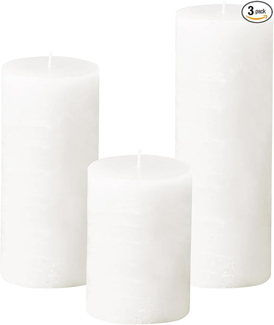 Simply Soson 3x4, 3x6, 3x8 inch White Pillar Candles, Set of 3 Pillar Candles, Rustic Texture, Unscented White Candles, Dripless Candles, Ideal as Wedding, Parties, Spa, Dinner, Home Decor, Church