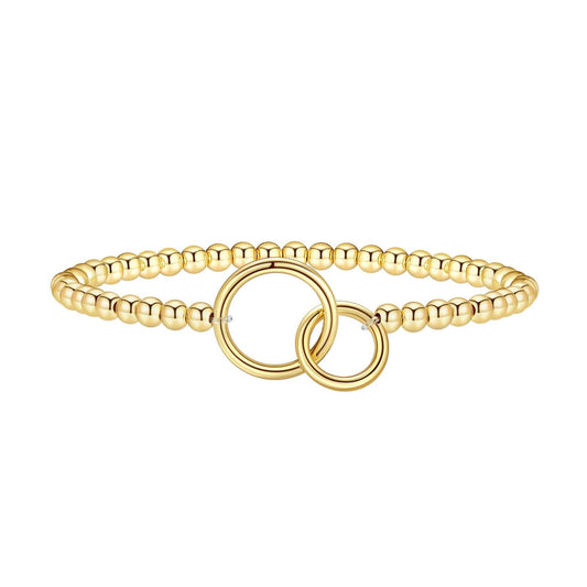 Beaded Bracelets for Women 14K Silver Gold Plated Stretch Handmade Ball Bracelets Cute Charm Bracelet Dainty Stackable Cross Heart Bow Wave CZ Circle Trendy Jewelry Easter Gifts (double-circle)