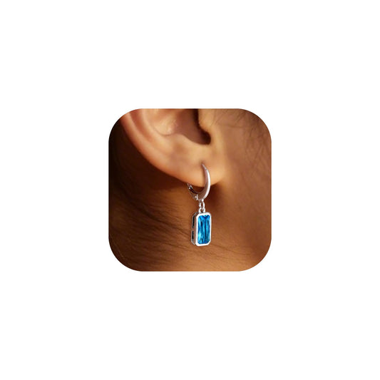 Bestyle Created Blue Topaz Drop Birthstone Earrings for Women Girls - Small Silver Baguette Dangle Earrings for Sensitive Ears