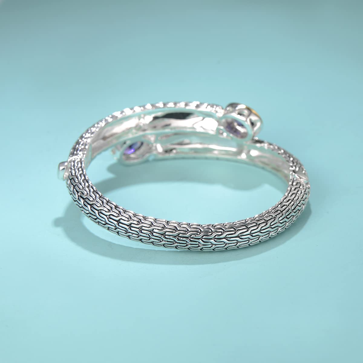 UNY JEWEL Jewelry Multi Strand Foxtail Chain Woven Pattern Inlay 8 by 10 Oval CZ Vintage Antique Two Tone Elegant Designer Inspired Unique Box Tongue Clasp Bangle (Peridot)