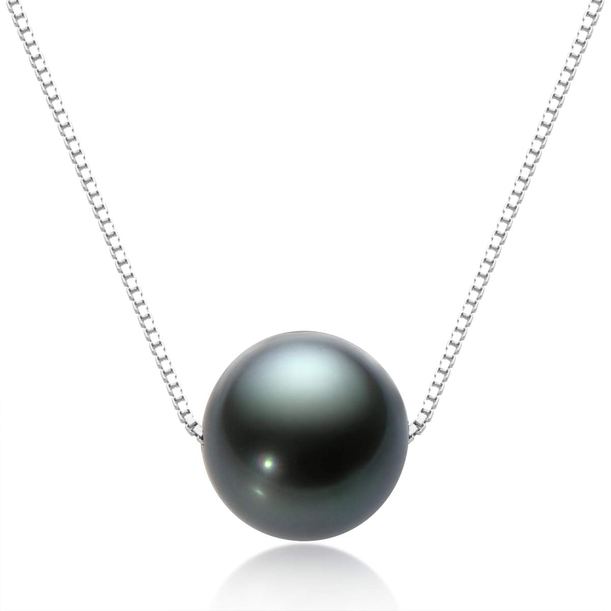DENGGUANG Genuine Tahitian Black Pearl Necklace for Women, Sterling Silver 9-10mm Real Pearl Pendant Necklace, Anniversary Birthday Mothers Day Jewelry Gift for Mom Women