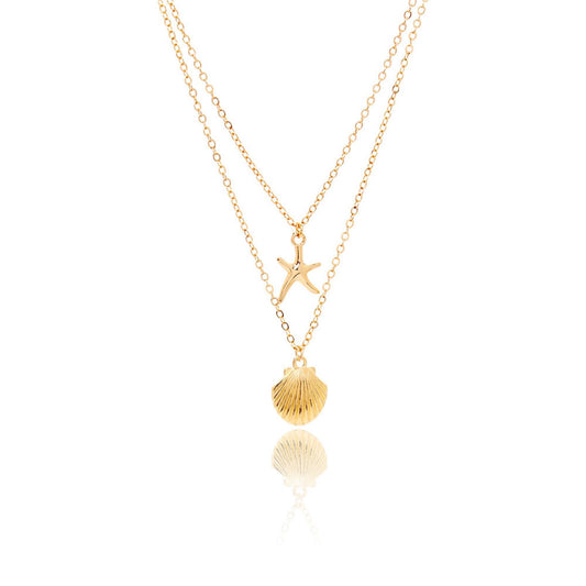 Boho Starfish Seashell Layered Necklace Gold Silver Plated Dainty Charm Double Layer Sea Shell Lucky Stars Ocean Animal Chain Necklace for Women Hawaiian Summer Beach Vacation Jewelry Gifts (Gold)