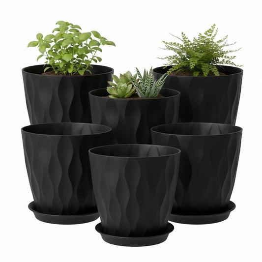 LESOASIS Plant Pots 8 Inch, 6 Pack Plastic Flower Pots for Indoor & Outdoor Plants, Planters with Drainage Holes and Saucer, Garden Pot for Plants(Black)