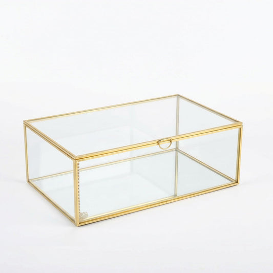 Feyarl Gold Glass Wedding Cards Display Box Keepsake Memory Photo Box Jewelry Trinket Rings Earrings Organizer Display Makeup Holder for Home Decor Wedding Engagement (10.8 x 7 x 3.9inch)