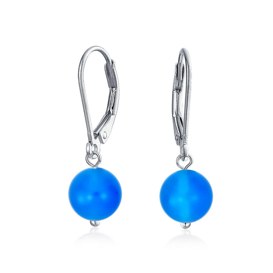 Bling Jewelry Timeless .925 Sterling Silver Blue Agate Bead 8mm Ball Drop Earrings Lever Back Genuine Gemstone
