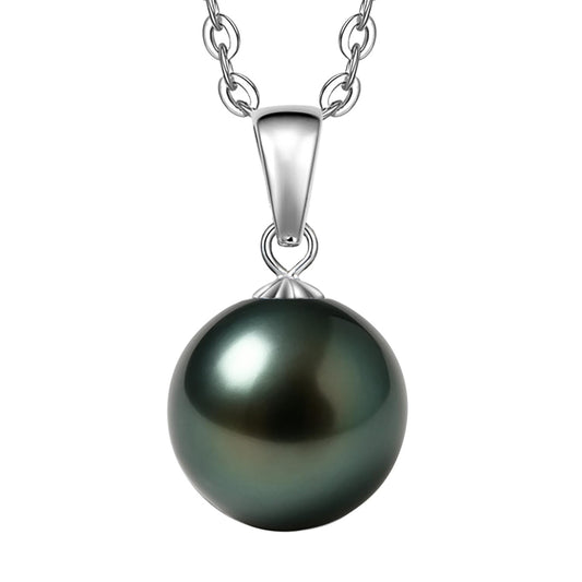 18K Solid White Gold Tahitian Black Pearl Necklace Pendant with Sterling Silver Chain, AAAAA 9-10mm Ocean-Grown Pearls - Christmas Gift for Wife Mom, Women Jewelry for Wedding Anniversary Birthday