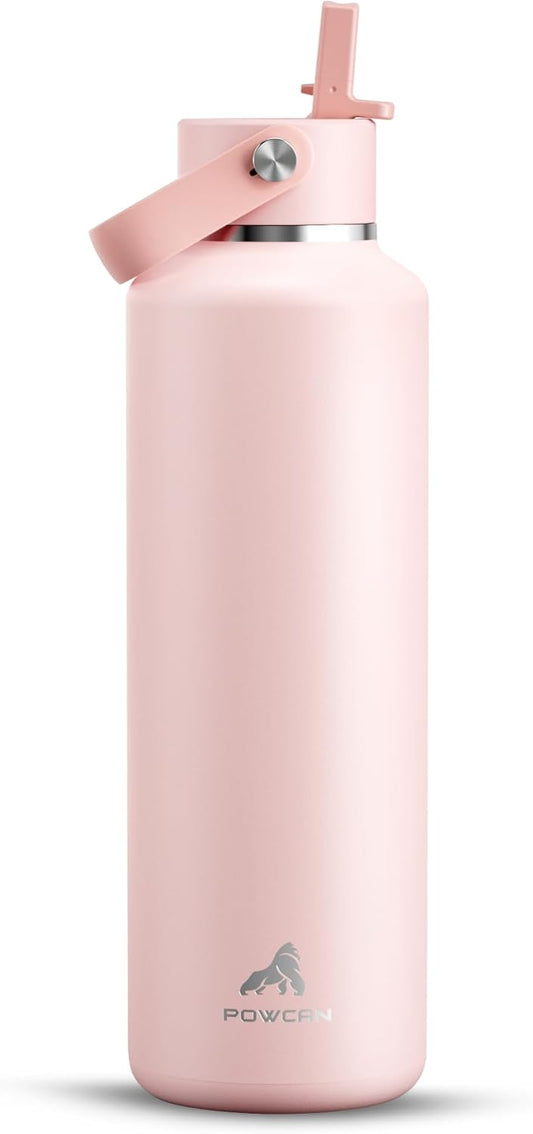 POWCAN 24 oz Insulated Water Bottle - Leakproof, Keeps Drinks Cold 24H | Lightweight Metal with Straw (Cotton Candy)
