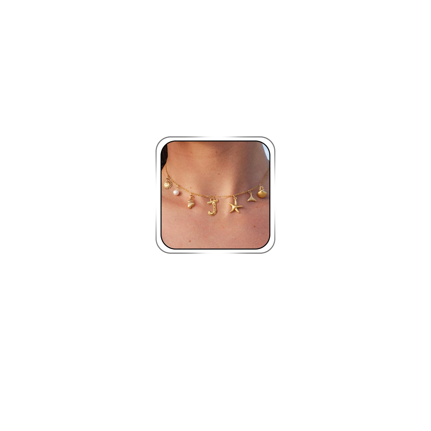 JALZEMPL Initial Charm Necklace For Women Shell Seashell Summer Beach Letter 14K Gold Plated Pendant Starfish Surfer Boho Jewelry Gifts (J)