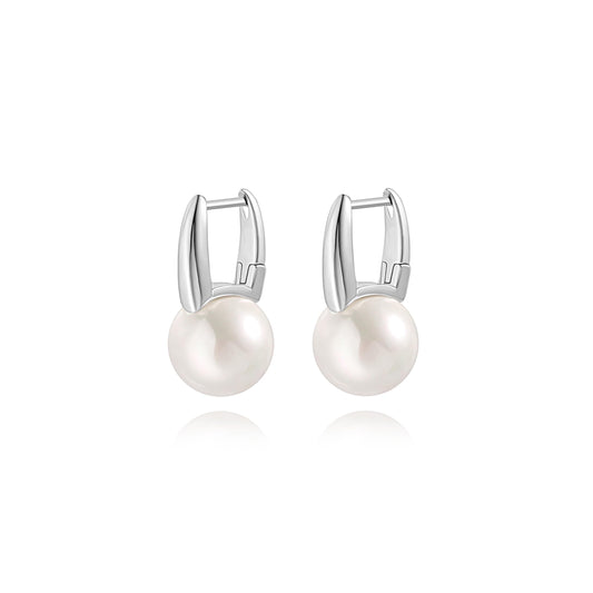 12mm Shell Pearl Drop Earrings, Simple Silver Plated Square Hoop Earrings, Dainty Wedding Jewelry for Bridal
