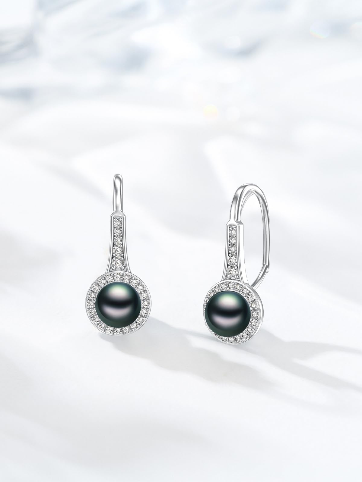 Tahitian Black Pearl Earring 18K White Gold Plated 925 Sterling Silver Earrings AAA+ Handpicked Pearl Earrings Leverback Earring Jewelry Gifts for Wife Women Anniversary Birthday