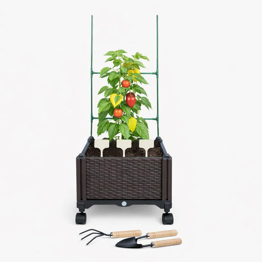 Sherbo Raised Garden Bed Planter Box on Wheels with Trellis, Rattan Style Raised Planter for Outdoor Plants, Compact Mobile Planter Box for Patio or Balcony