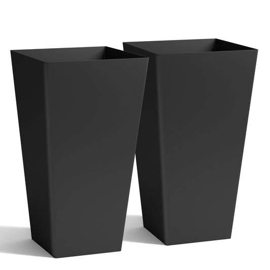 Worth Garden 20" Tall Planters Set of 2 – Large Black Tapered Plastic Flower Pots for Indoor & Outdoor Use – Modern Plant Containers with Drainage Holes – Ideal for Front Porch, Patio, Balcony