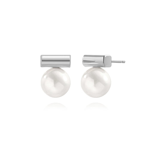 10mm Shell Pearl Drop Earrings, Silver Bar Stud Earrings, Dainty Wedding Jewelry